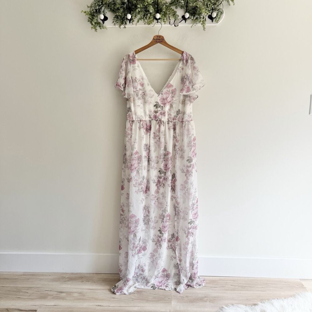 New Birdy Grey Hannah Chiffon Dress Dusty Pink Peonies Ruffle 2X Formal Wedding